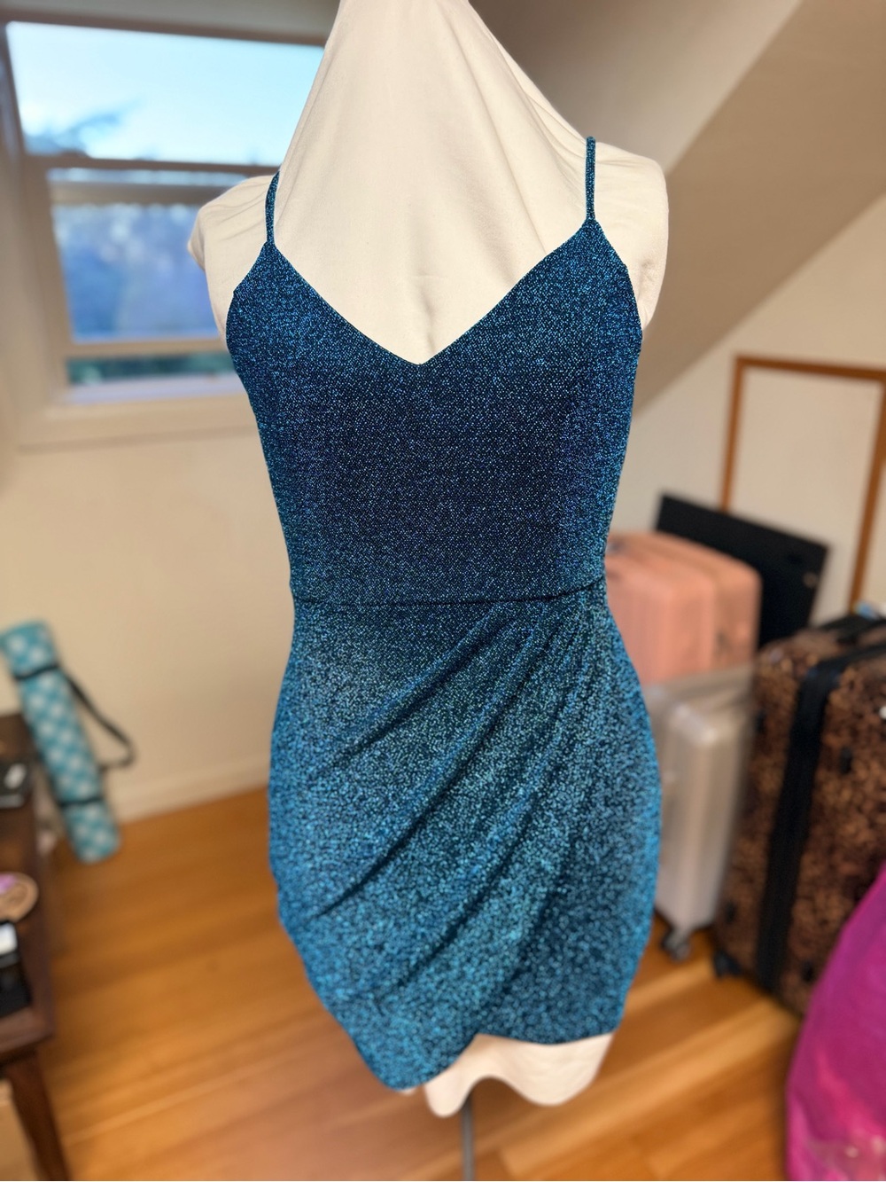 Lulu’s Sparkling Teal Slip Dress with Tulip Skirt